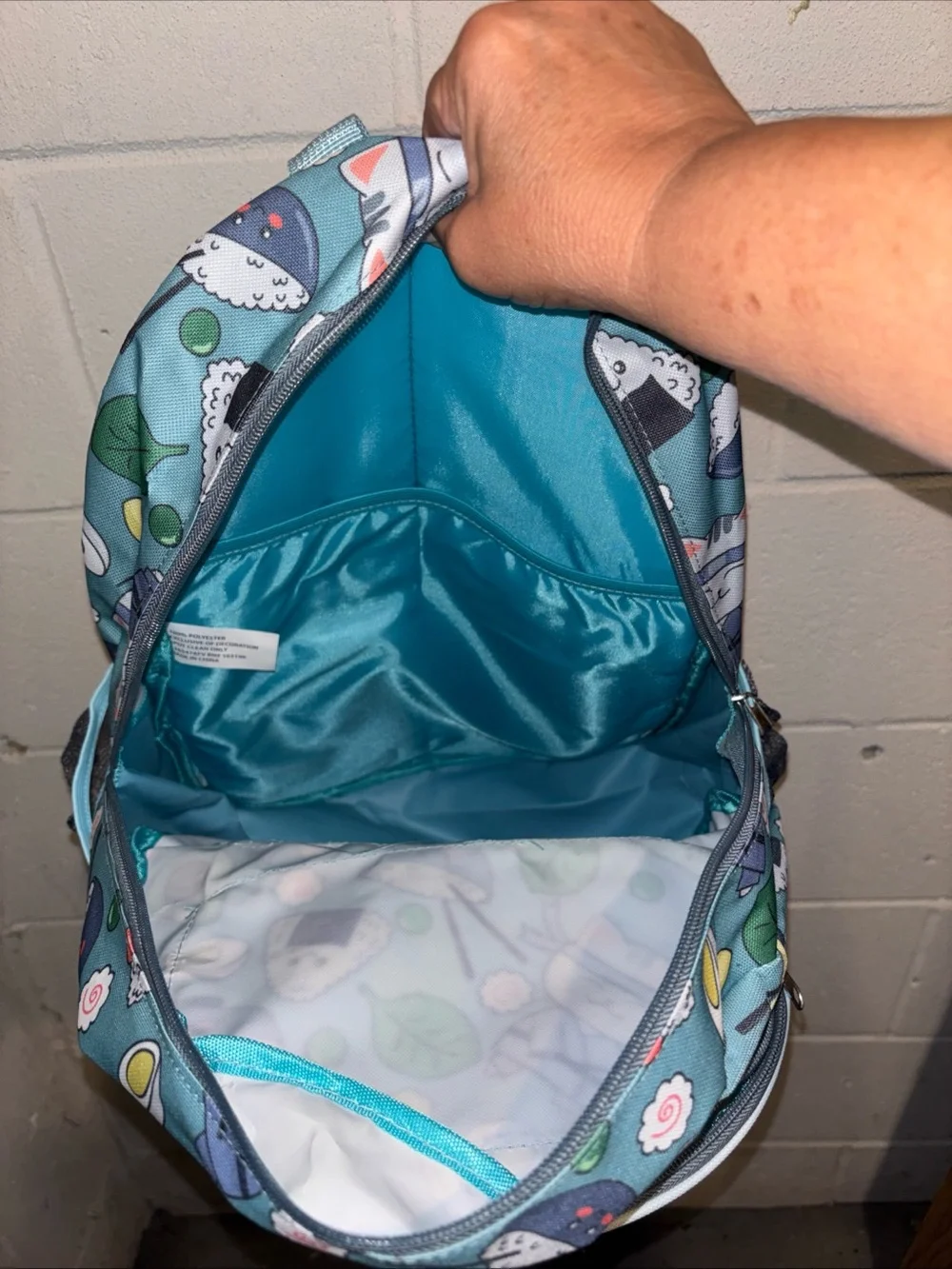 Women’s Sushi Kitty backpack book bag teal green with laptop sleeve